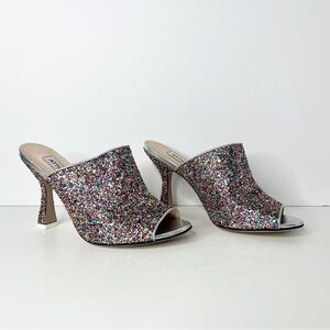 New ATTICO Pamela Multicolor Glitter Mule Heeled Silver Sandals (Sz 38.5)
